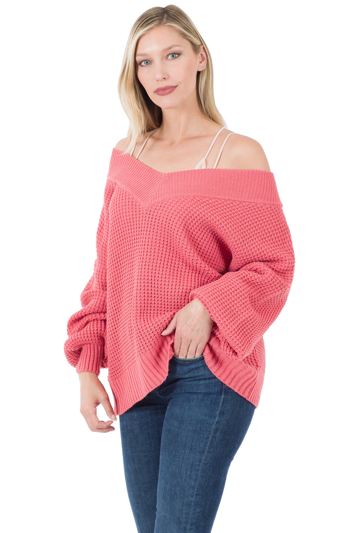 BALLOON SLEEVE WIDE DOUBLE V-NECK WAFFLE SWEATER